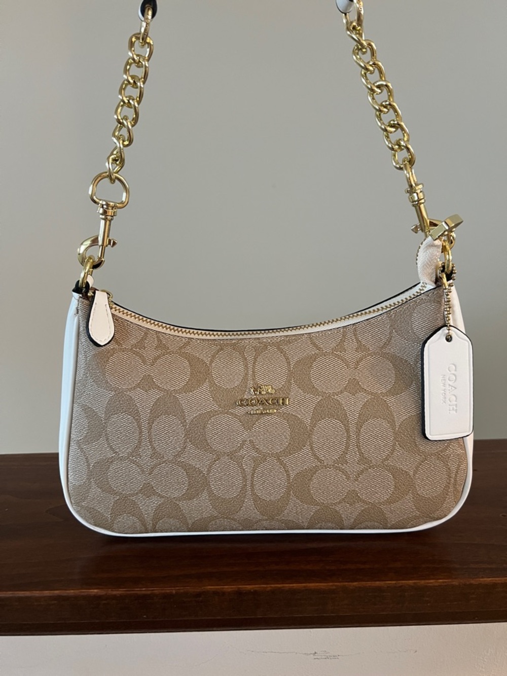 Coach Signature Canvas Shoulder Bag in Beige with White Trim & Gold Hardware